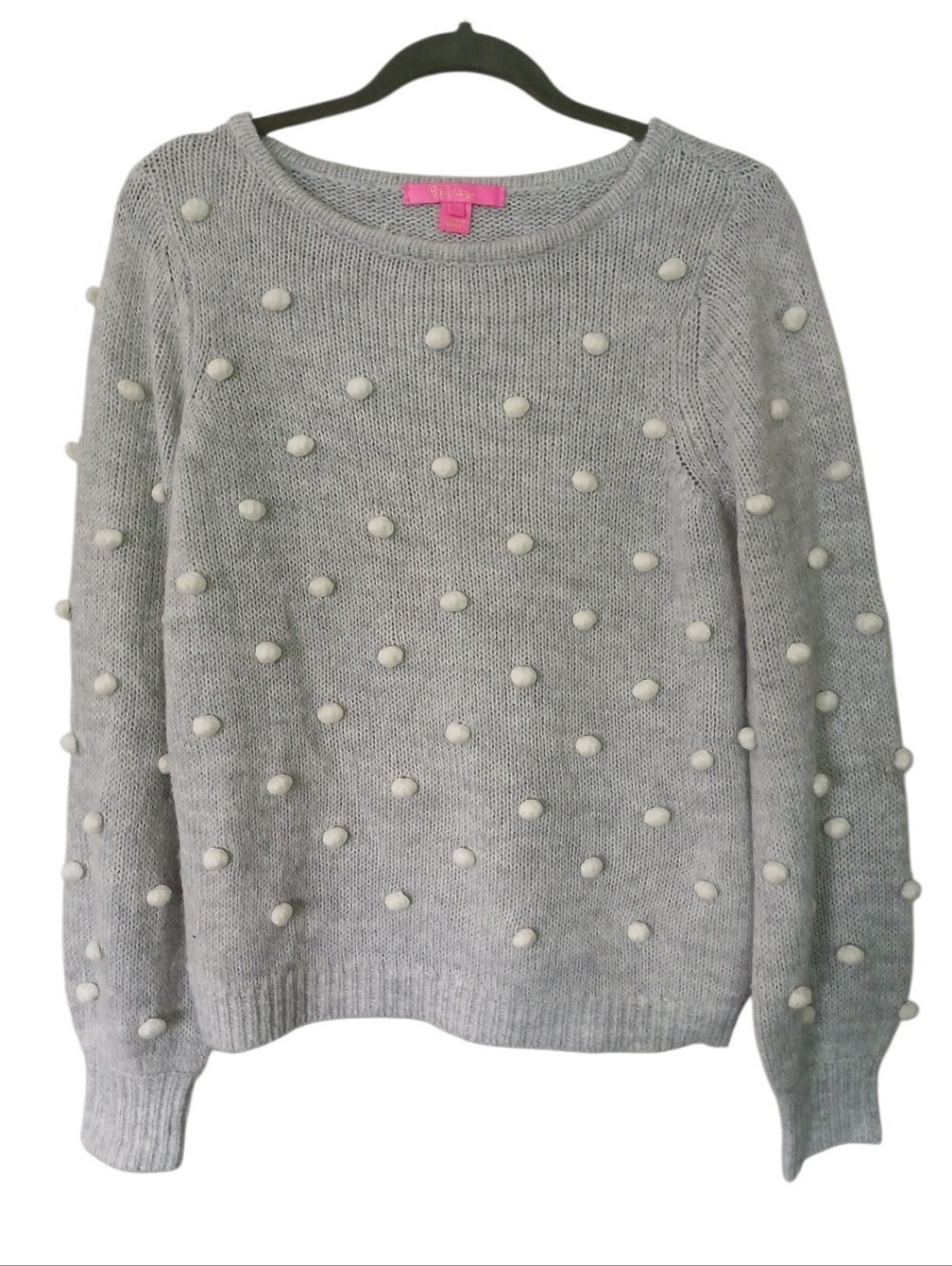 Lilly Pulitzer Vivienne Playful Poms Gray Pom-Pom Crewneck Sweater Size Small